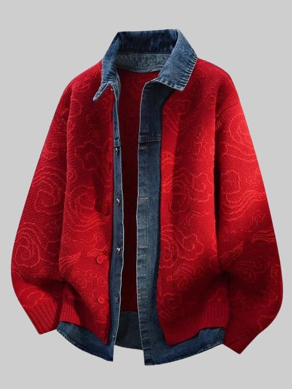 Denim-Collar Knit Cardigan