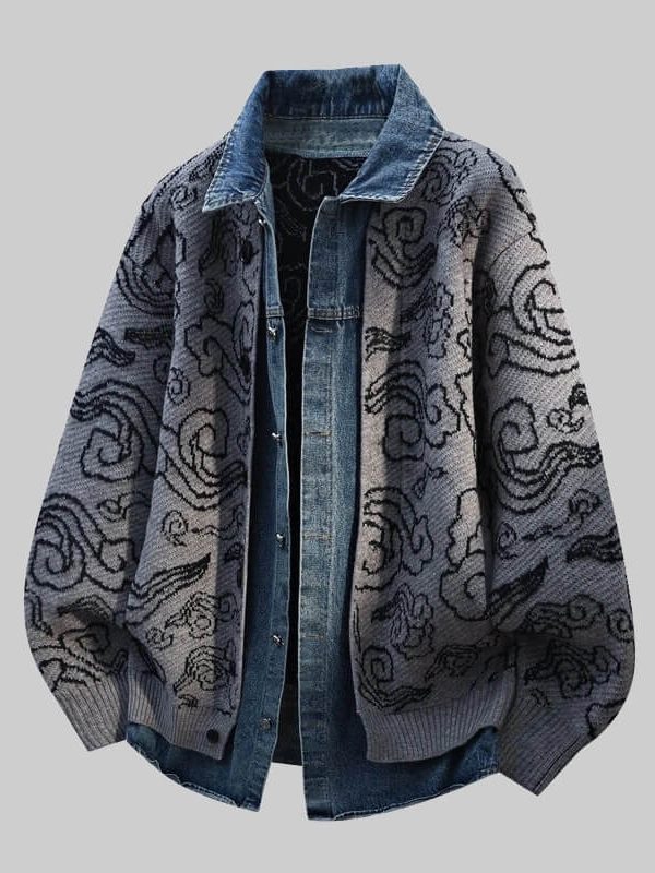 Denim-Collar Knit Cardigan