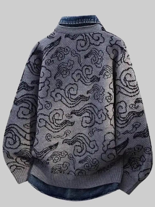 Denim-Collar Knit Cardigan