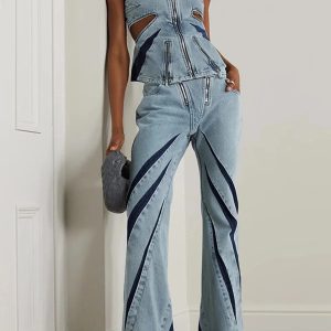 Denim Cut Out Tube Top & Patch Jeans Two Piece Set