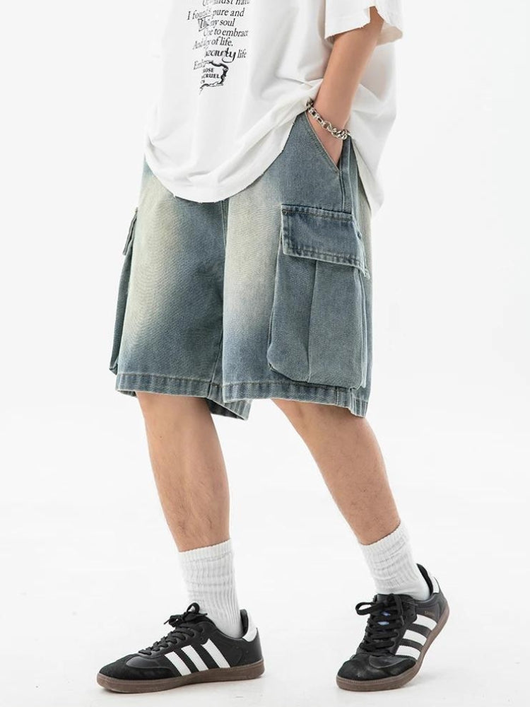Denim Drawstring Wide Leg Cargo Shorts Denim Drawstring Wide Leg Cargo Shorts