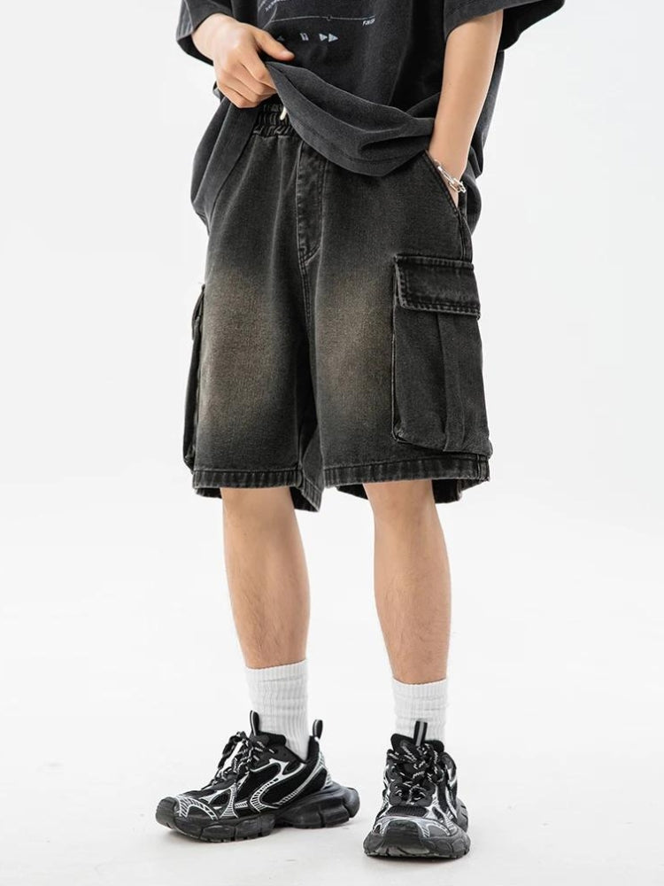 Denim Drawstring Wide Leg Cargo Shorts Denim Drawstring Wide Leg Cargo Shorts