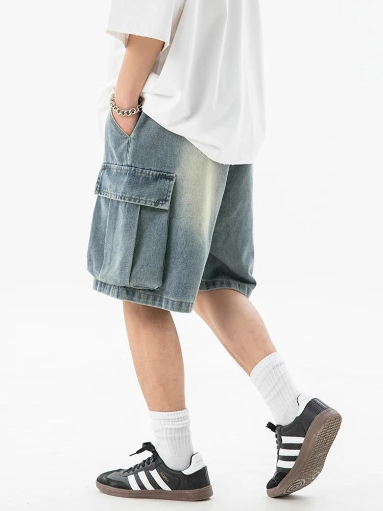 Denim Drawstring Wide Leg Cargo Shorts Denim Drawstring Wide Leg Cargo Shorts