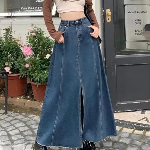 Denim Slit Frayed Hem Maxi Skirt