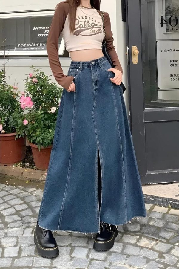 Denim Slit Frayed Hem Maxi Skirt