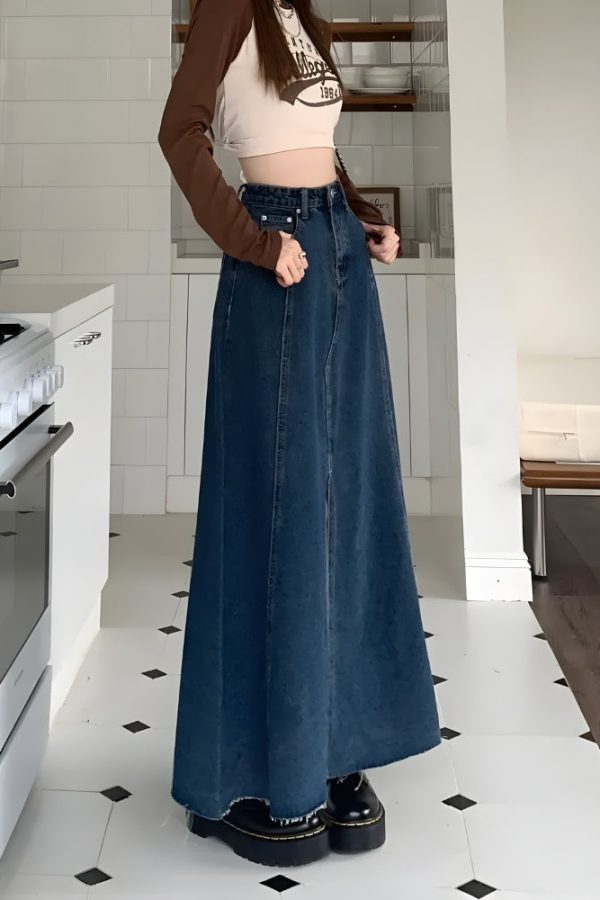 Denim Slit Frayed Hem Maxi Skirt