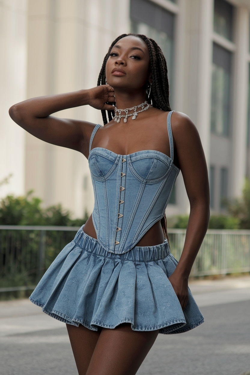 Denim corset and skirt outfit black women for trendy vibes outfit idea