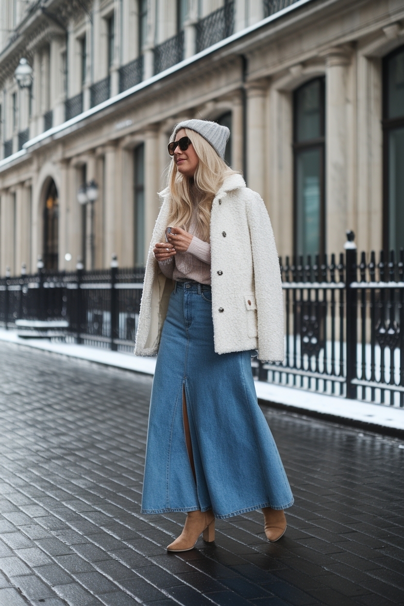 Casual Denim Maxi Skirt Outfit Winter Inspirations outfit idea