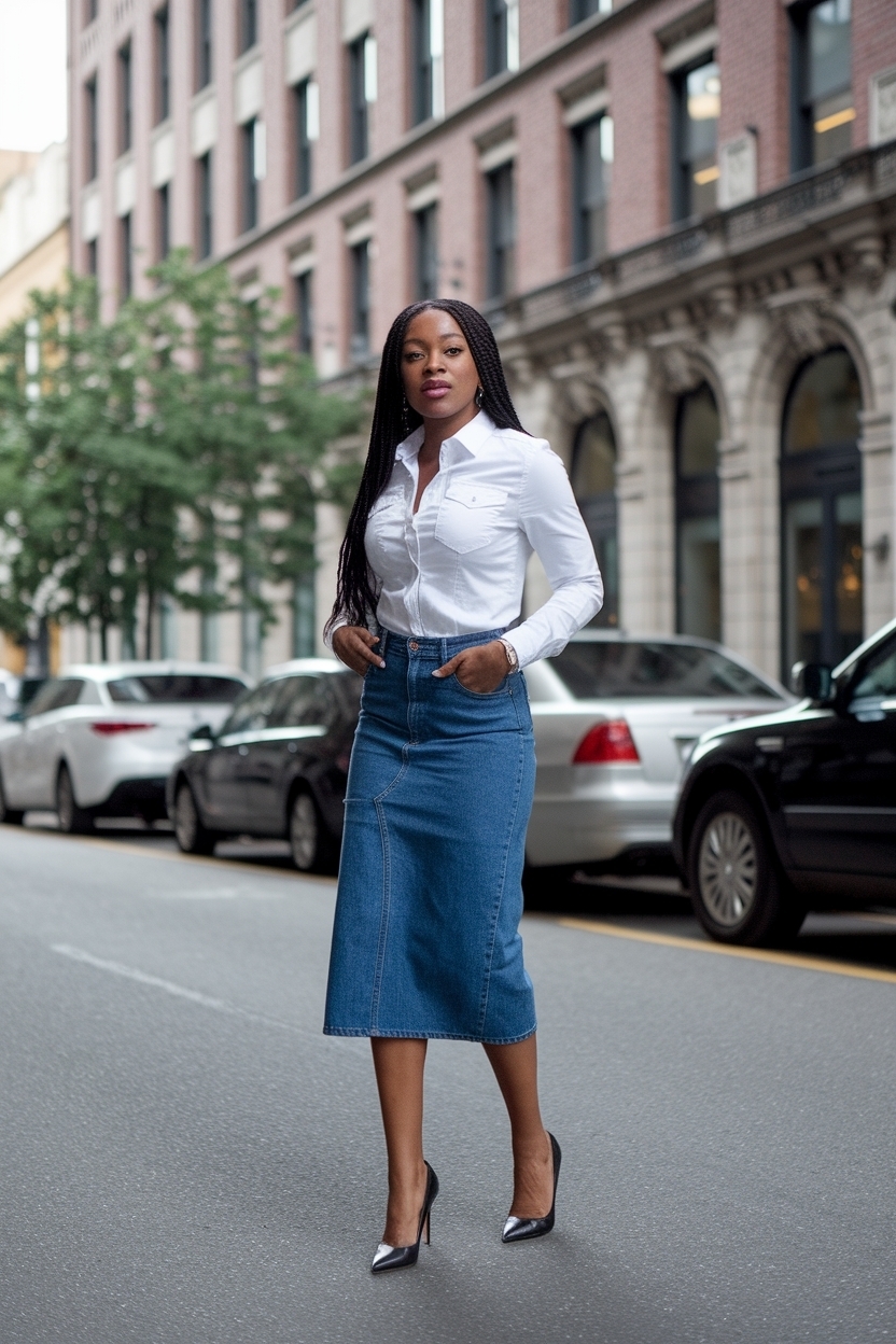 Denim Skirt Outfit with Heels Black Women: Stylish Tips outfit idea