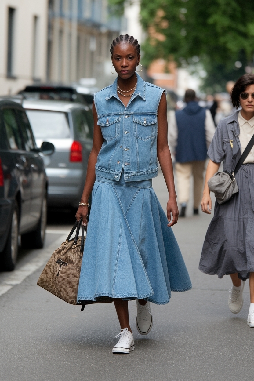 Denim Vest and Skirt Outfit Black Women: Layered Looks outfit idea