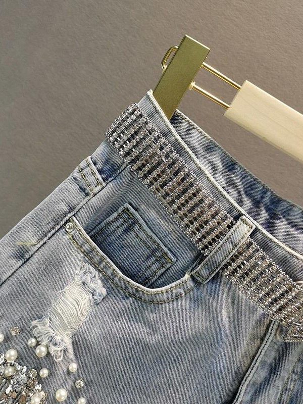 Disco Cowgirl Rhinestone Fringe Denim Shorts