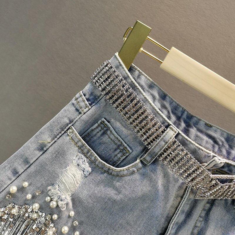 Disco Cowgirl Rhinestone Fringe Denim Shorts Disco Cowgirl Rhinestone Fringe Denim Shorts