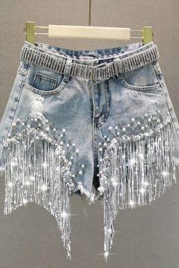 Disco Cowgirl Rhinestone Fringe Denim Shorts - Belly Button Piercing Ring