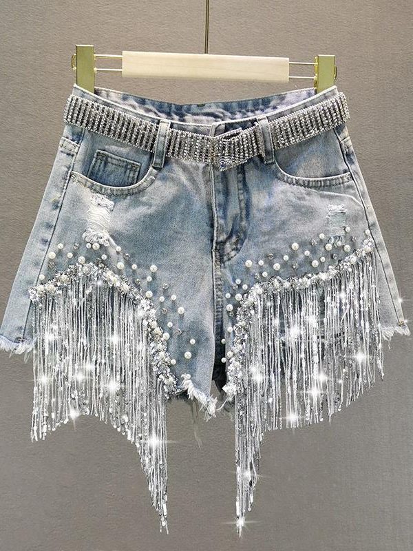 Disco Cowgirl Rhinestone Fringe Denim Shorts - Belly Button Piercing Ring