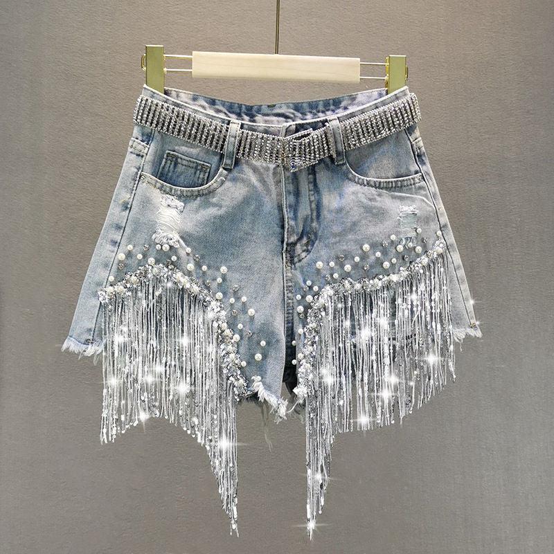 Disco Cowgirl Rhinestone Fringe Denim Shorts Disco Cowgirl Rhinestone Fringe Denim Shorts