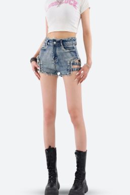 Distressed Cut Out Denim Shorts
