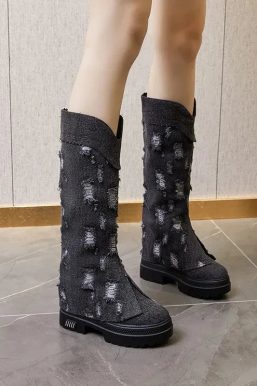 Distressed Denim Boots