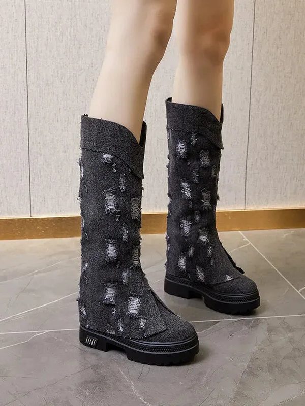 Distressed Denim Boots