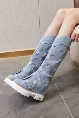 Distressed Denim Boots