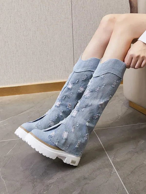Distressed Denim Boots