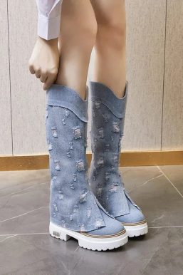 Distressed Denim Boots