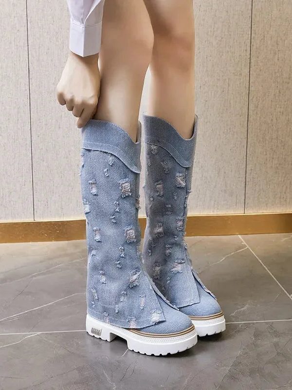Stylish Distressed Denim Boots to Elevate Your Denim Skirt Outfits