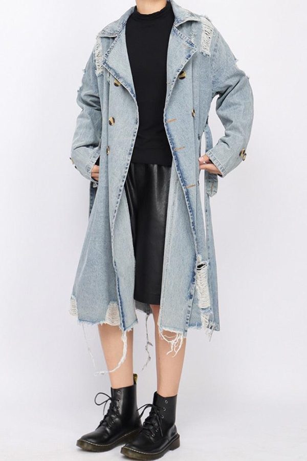 Distressed Denim Trench Coat