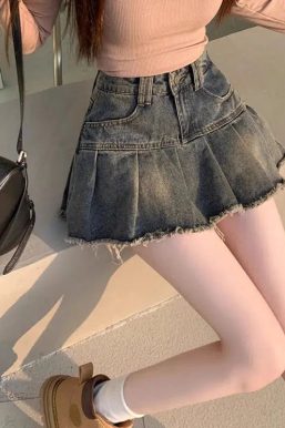 Distressed Pleated Denim Mini Skirt