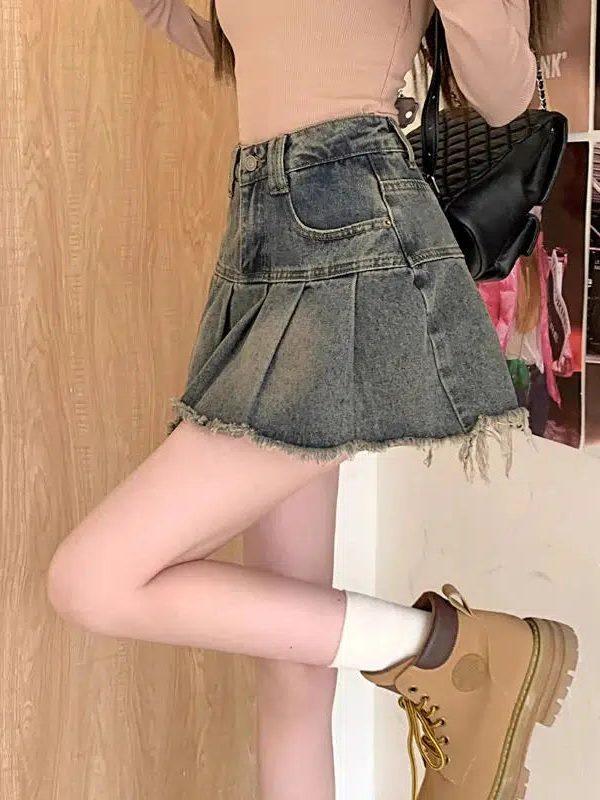 Distressed Pleated Denim Mini Skirt