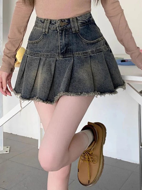 Distressed Pleated Denim Mini Skirt