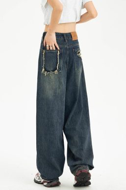 Distressed Pockets Wide Leg Baggy Jeans