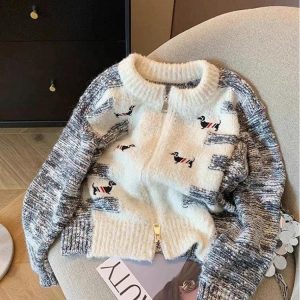 Dog Embroidered Double Zip-Up Knitted Cardigan