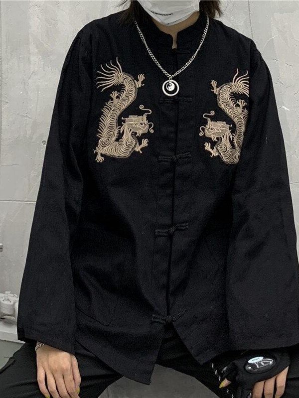 Dragon Embroidery Mandarin Collar Shirt