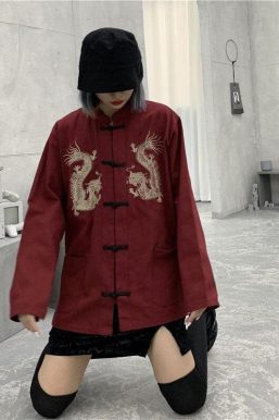 Dragon Embroidery Mandarin Collar Shirt