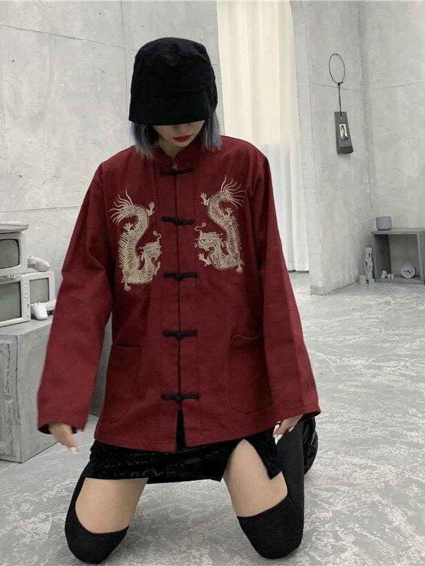 Dragon Embroidery Mandarin Collar Shirt