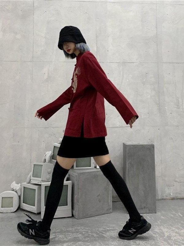 Dragon Embroidery Mandarin Collar Shirt