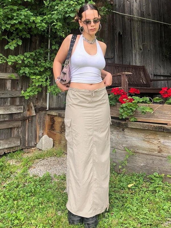 Drawstring Parachute Maxi Skirt