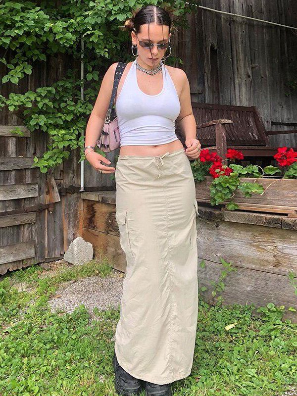 Drawstring Parachute Maxi Skirt