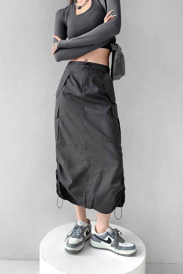 Drawstring Parachute Midi Skirt