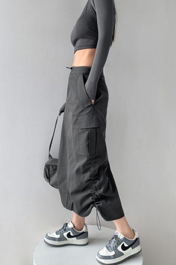 Drawstring Parachute Midi Skirt