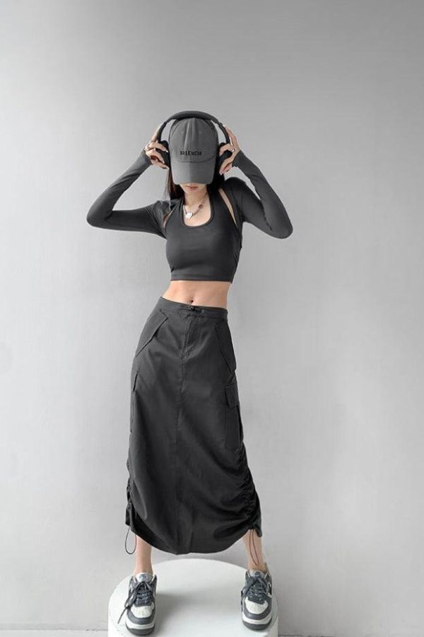 Drawstring Parachute Midi Skirt