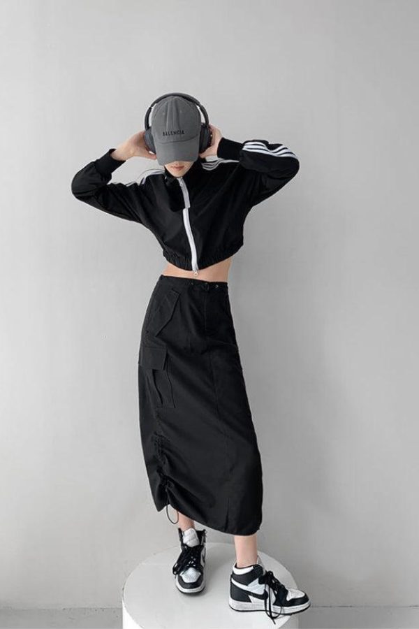 Drawstring Parachute Midi Skirt