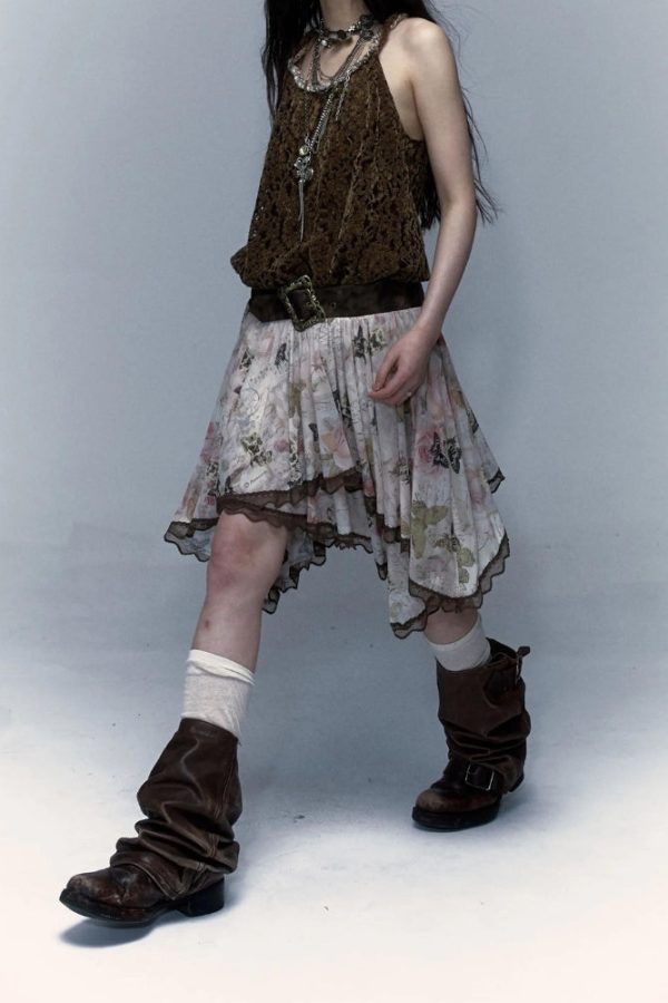 Fairy Grunge Floral Asymmetric Midi Skirt