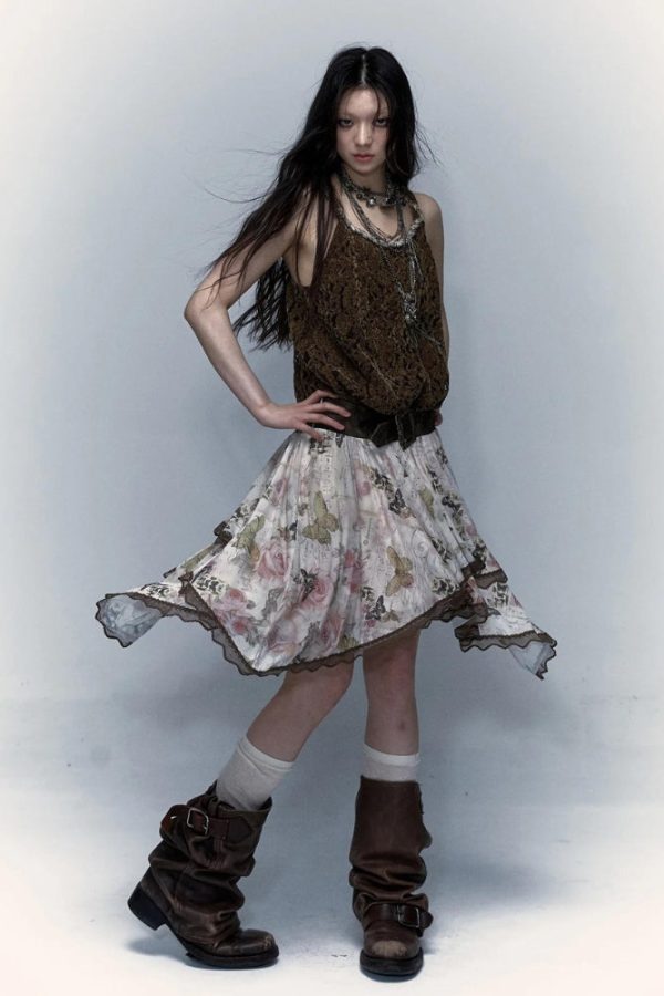 Fairy Grunge Floral Asymmetric Midi Skirt