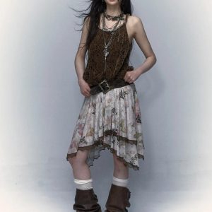 Fairy Grunge Floral Asymmetric Midi Skirt