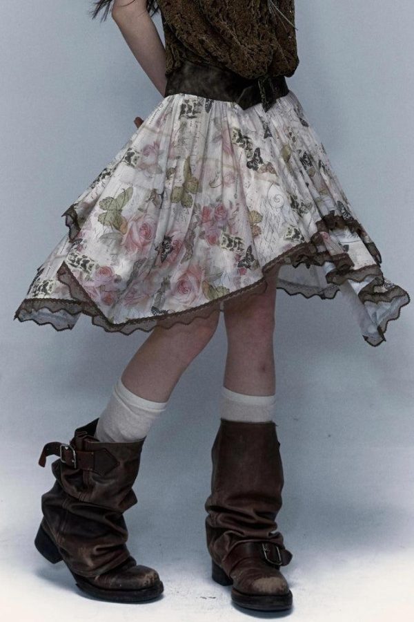 Fairy Grunge Floral Asymmetric Midi Skirt