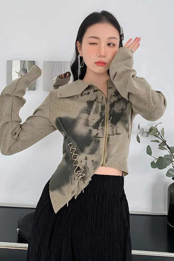 Fairy Grunge Lace Up Asymmetric Cardigan