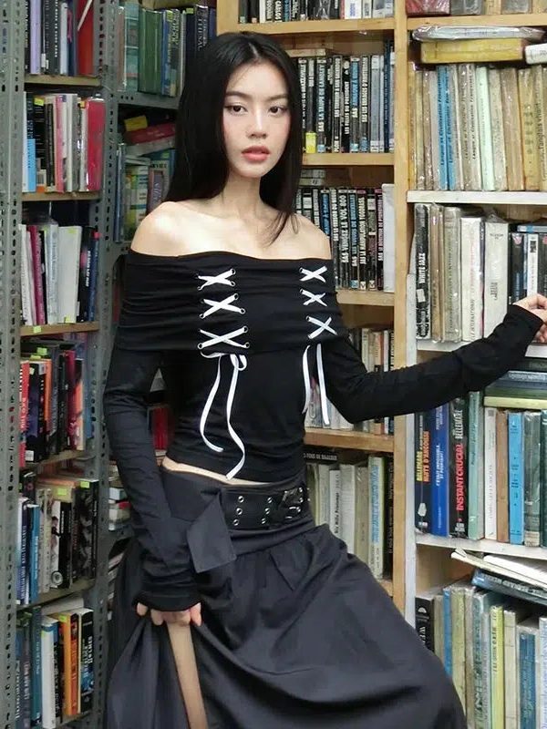 Fairy Grunge Off Shoulder Lace Up Top