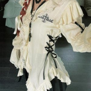 Fairy Grunge Ruffled Lace Up Blouse