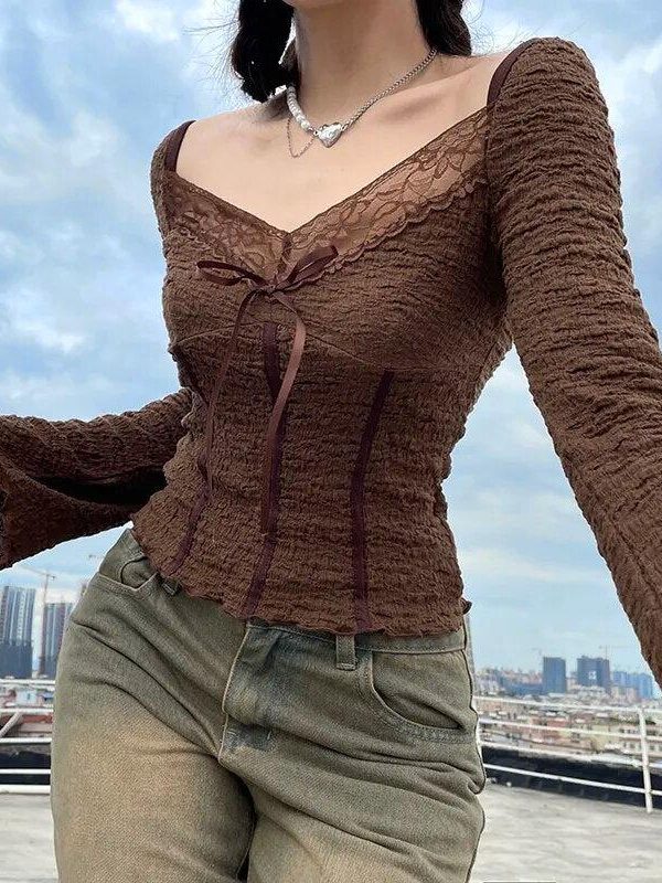 Fairycore Lace Detailed Shirred Top